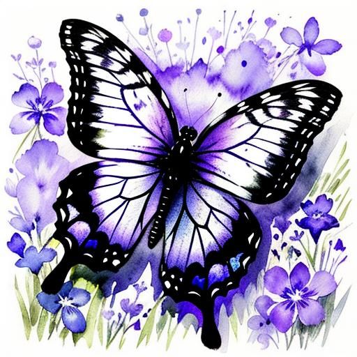 Violet Butterfly Meadow: Monochrome Watercolor Landscape