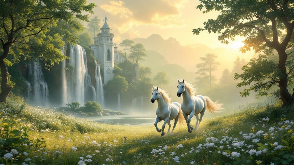 Enchanted Meadow with White Horses in Heaven's Light