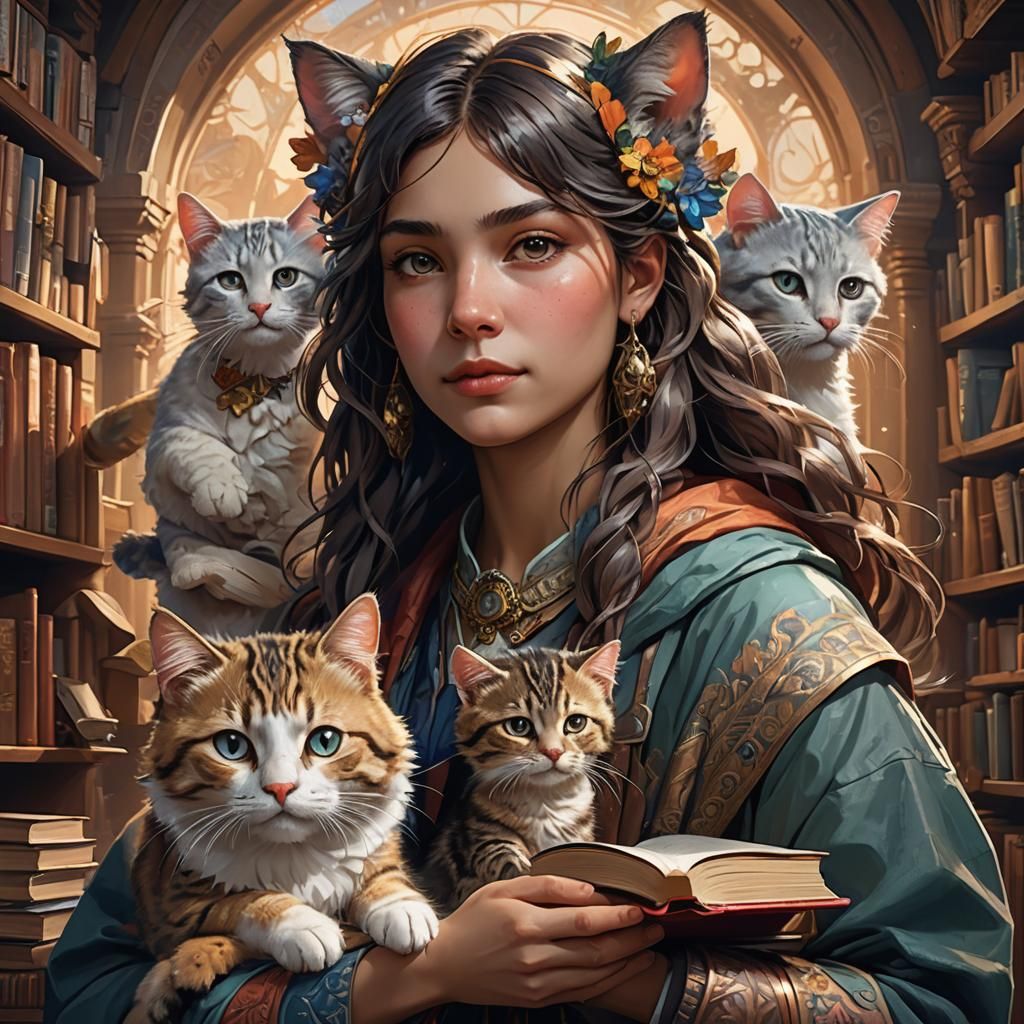 Person Holding Cats and Books: Concept Art Portrait