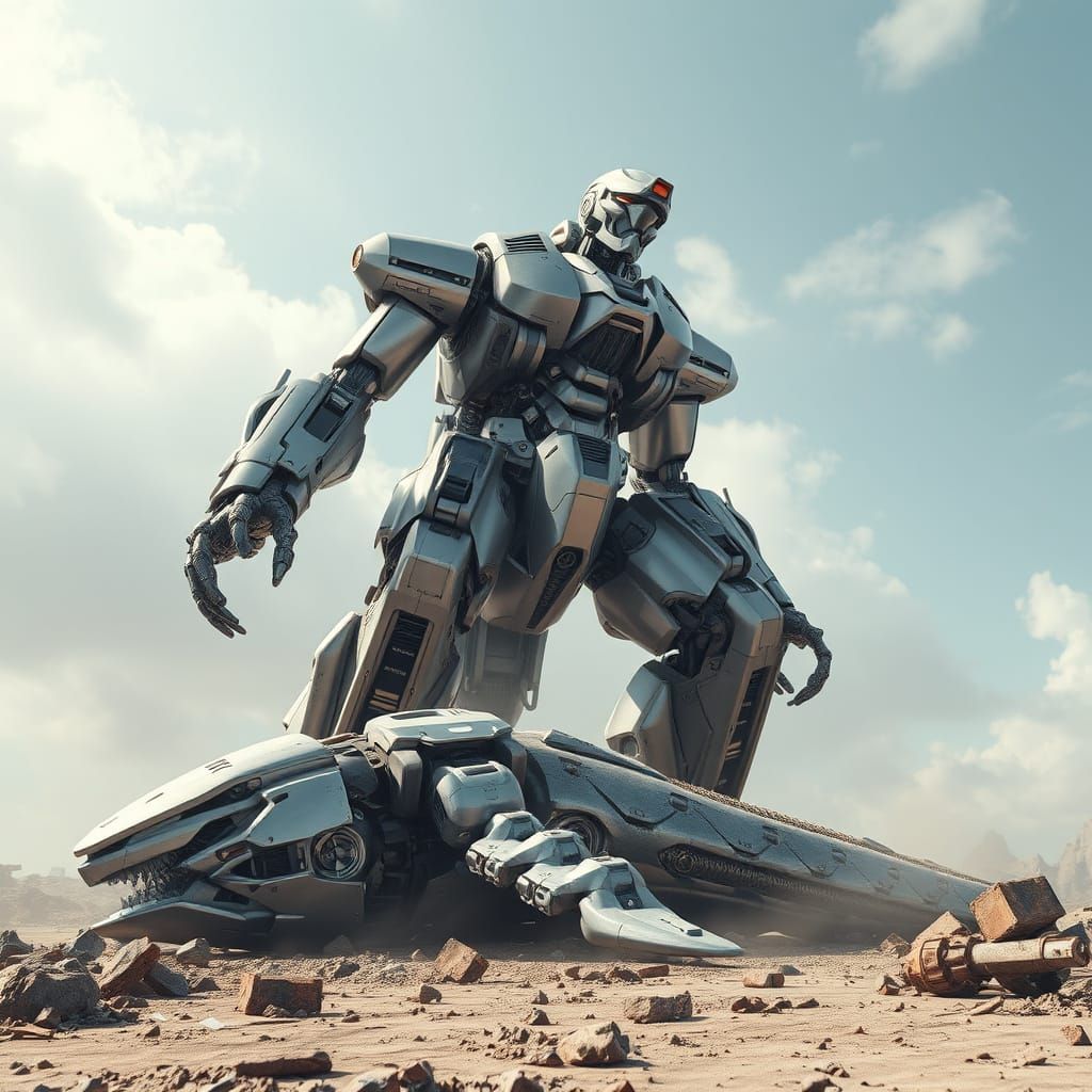 Mecha Standing Victorious Over Defeated Kaiju