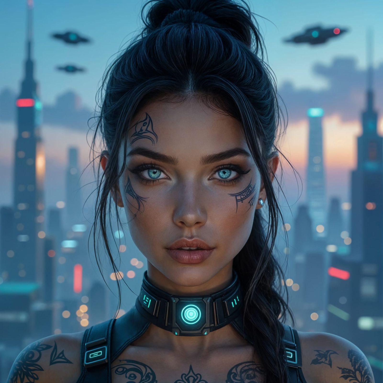 Cybernetic Eyes in Futuristic Cityscape