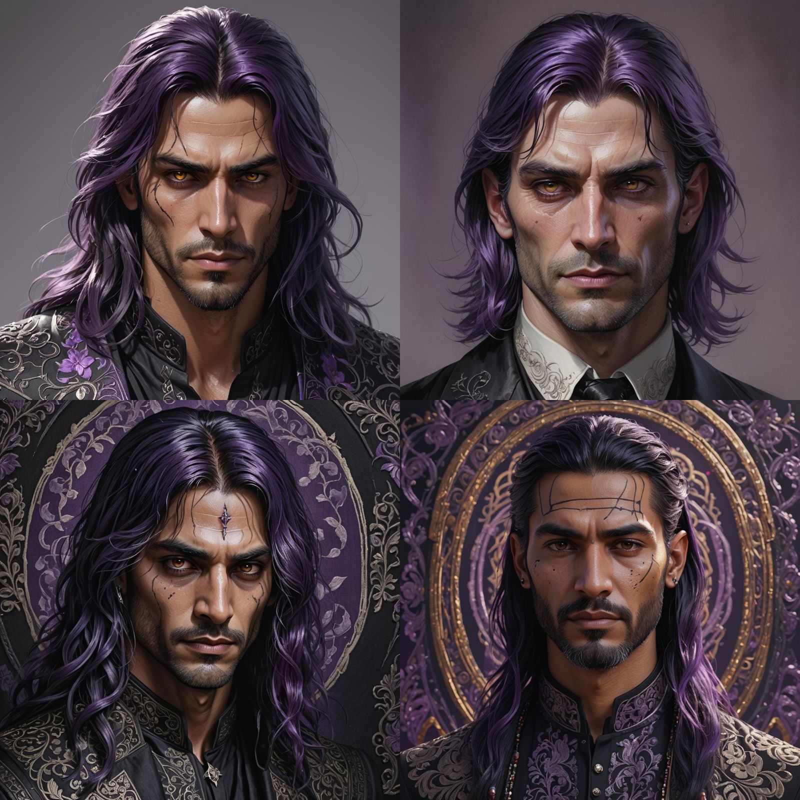 Violet Haired Man Portrait in Art Nouveau Style