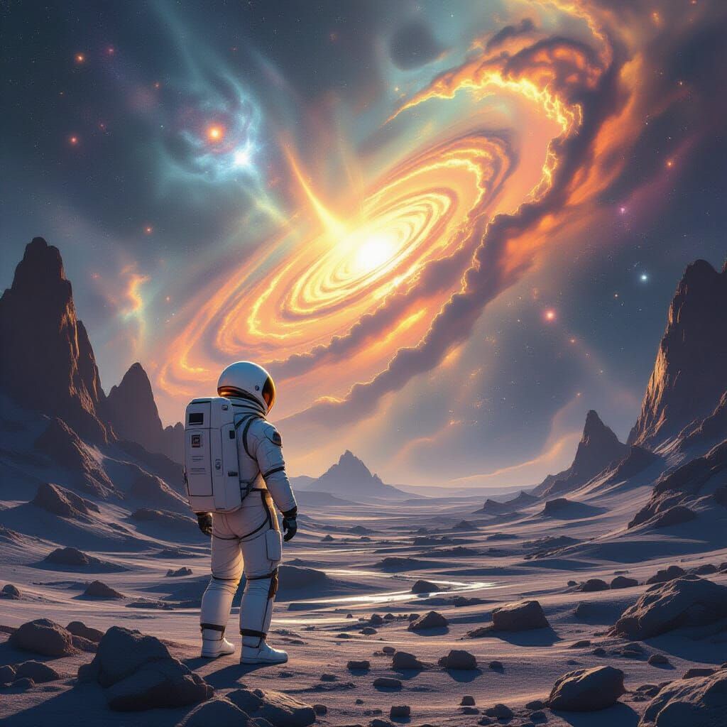 Astronaut Gazes at Cosmic Nebula on Alien Planet