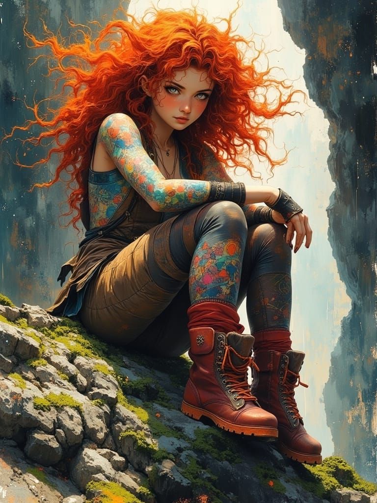 Vibrant Space Pirate Goddess with Intricate Tattoos in Comic...