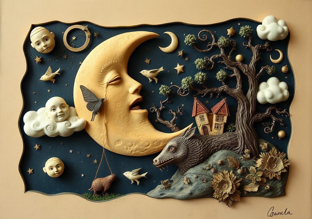 Whimsical Moon Collision in Folk Art Style