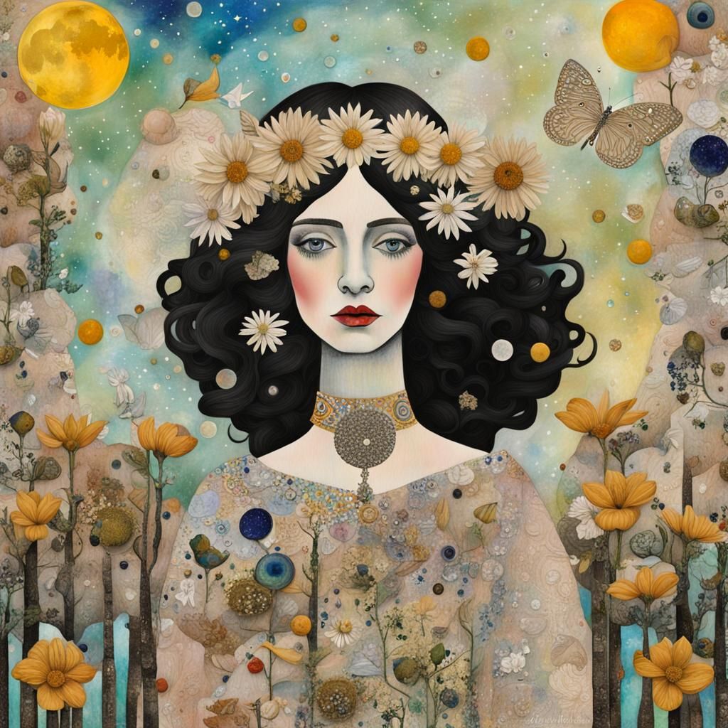 Surreal Collage of Princess with Flowers and Diamonds