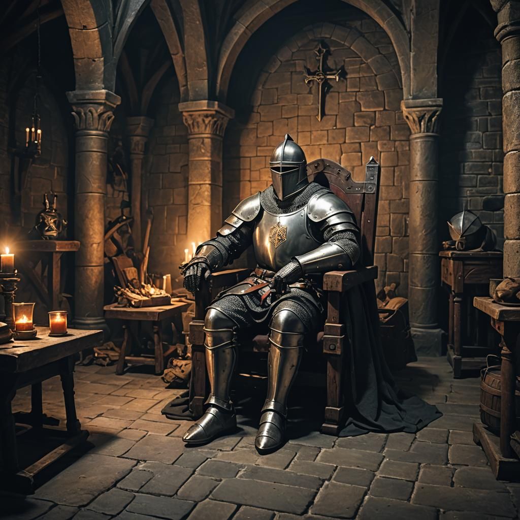Medieval Knight in Dimly Lit Lair