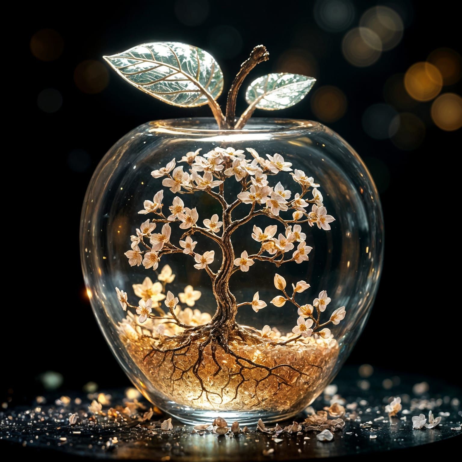 Ethereal Glass Apple with Luminous Tree: Digital Art