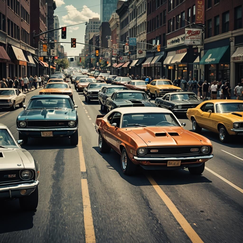 Muscle Cars in Busy City: Cinematic Film Still