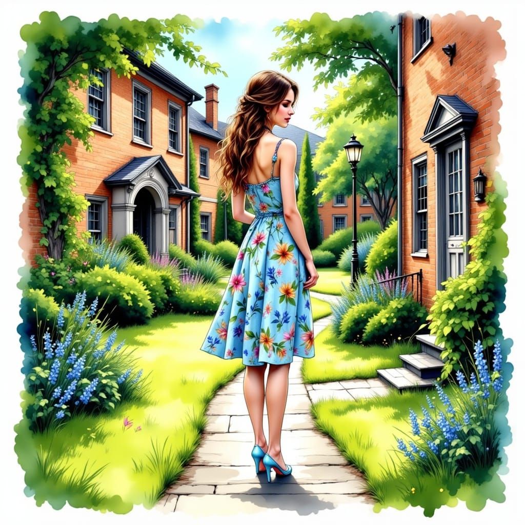 Woman in Floral Dress: Intricate Ink Drawing