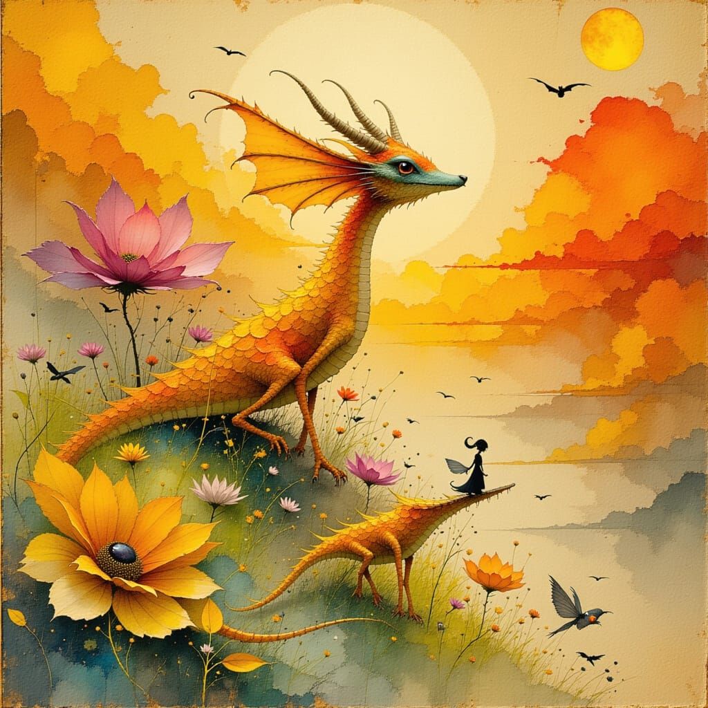 Whimsical Fire Sprites on Salamander Mounts in Watercolor