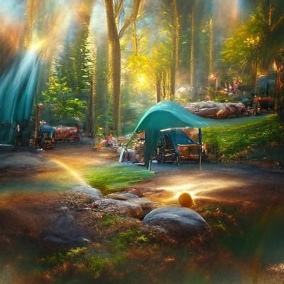 Forest Campsite in Thomas Kinkade Style