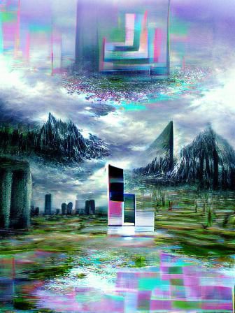 Glitchcore Landscape with Ethereal Monolith
