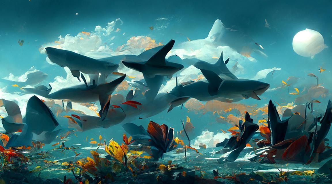 Underwater Sharks in Luminist Romanticism Style