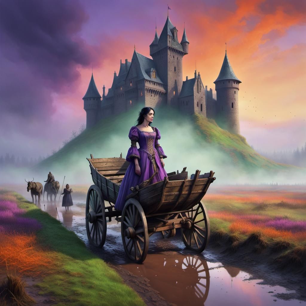 Medieval Castle Ruins in Vibrant Fog, Hyperrealistic Art