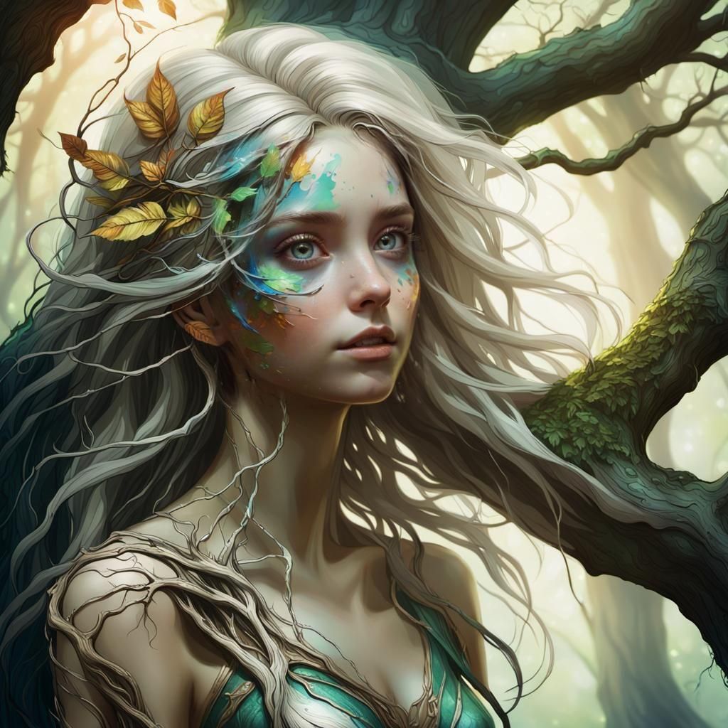 Hyperrealistic Woodland Tree Girl in Fantasy World