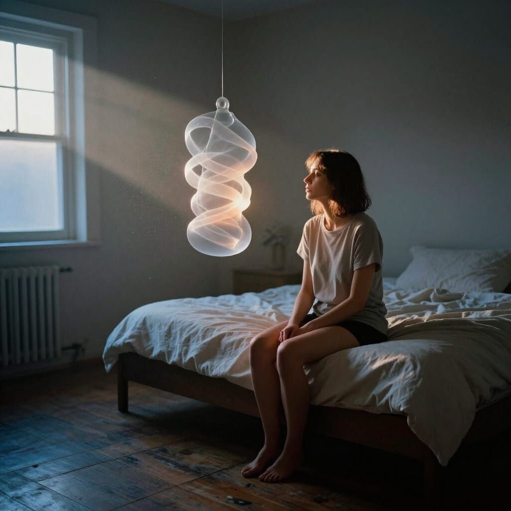 Woman Contemplates Light Object in Dawn Bedroom
