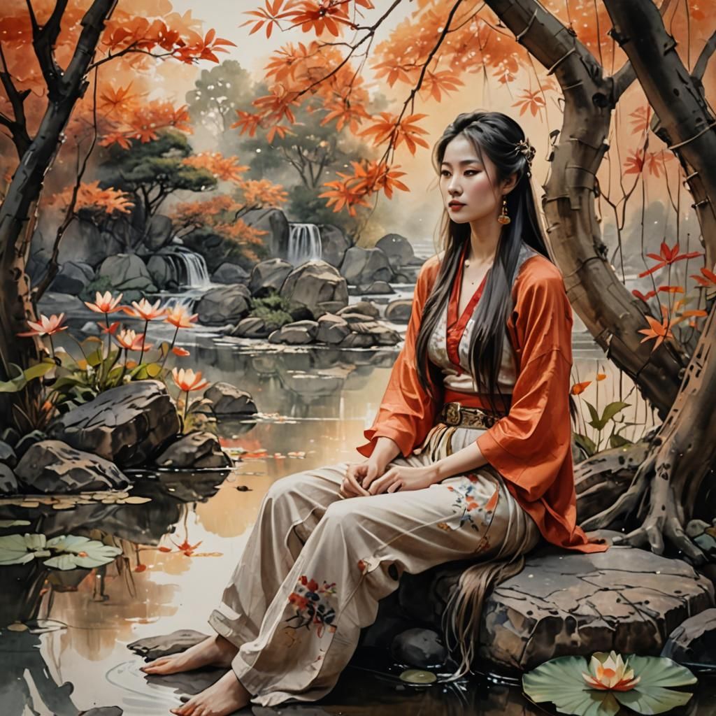 Soft and elegant traditional Chinese ink painting, a beautiful Chinese lady with long hair adorned with jewelleries wear...