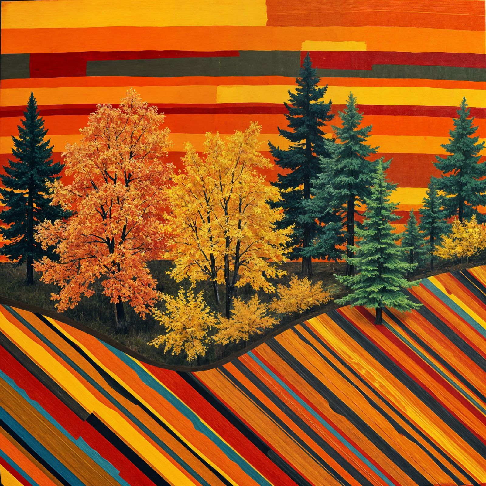 Vibrant Autumn Forest in Bold Stripes