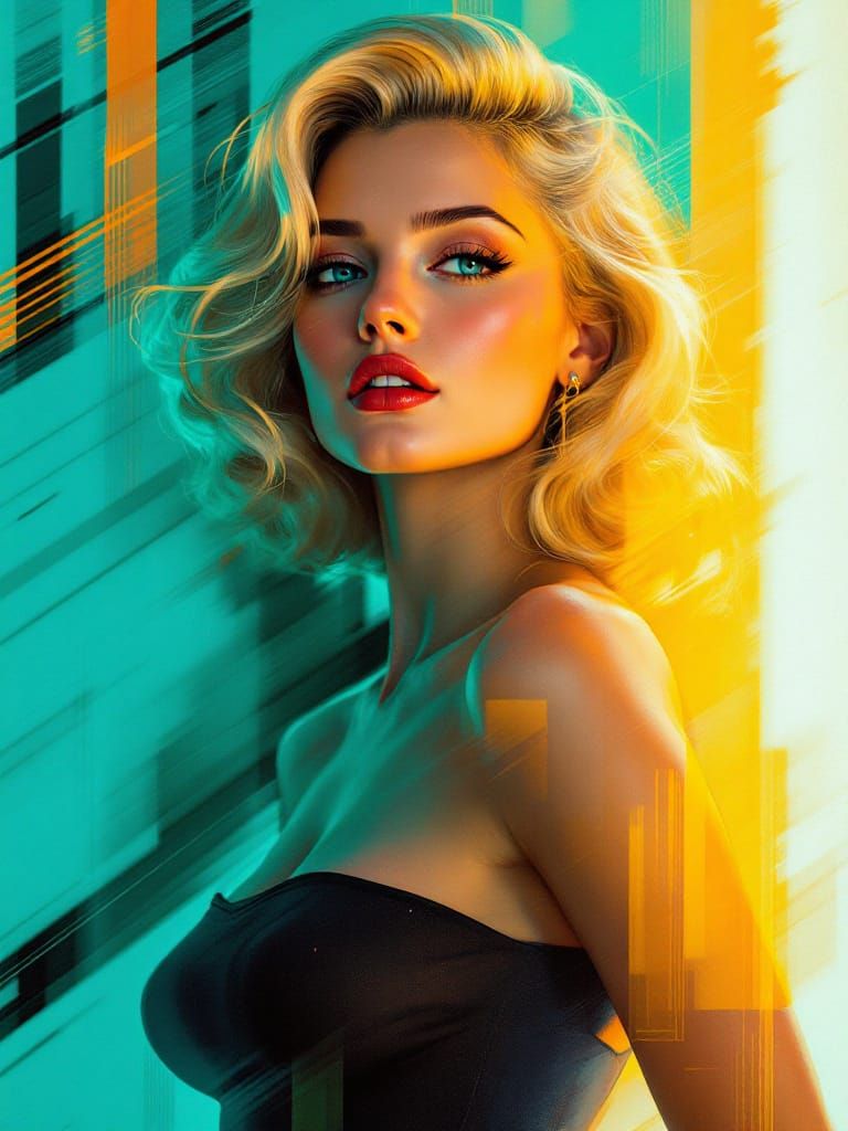 1950s Pin Up Woman in Teal and Gold