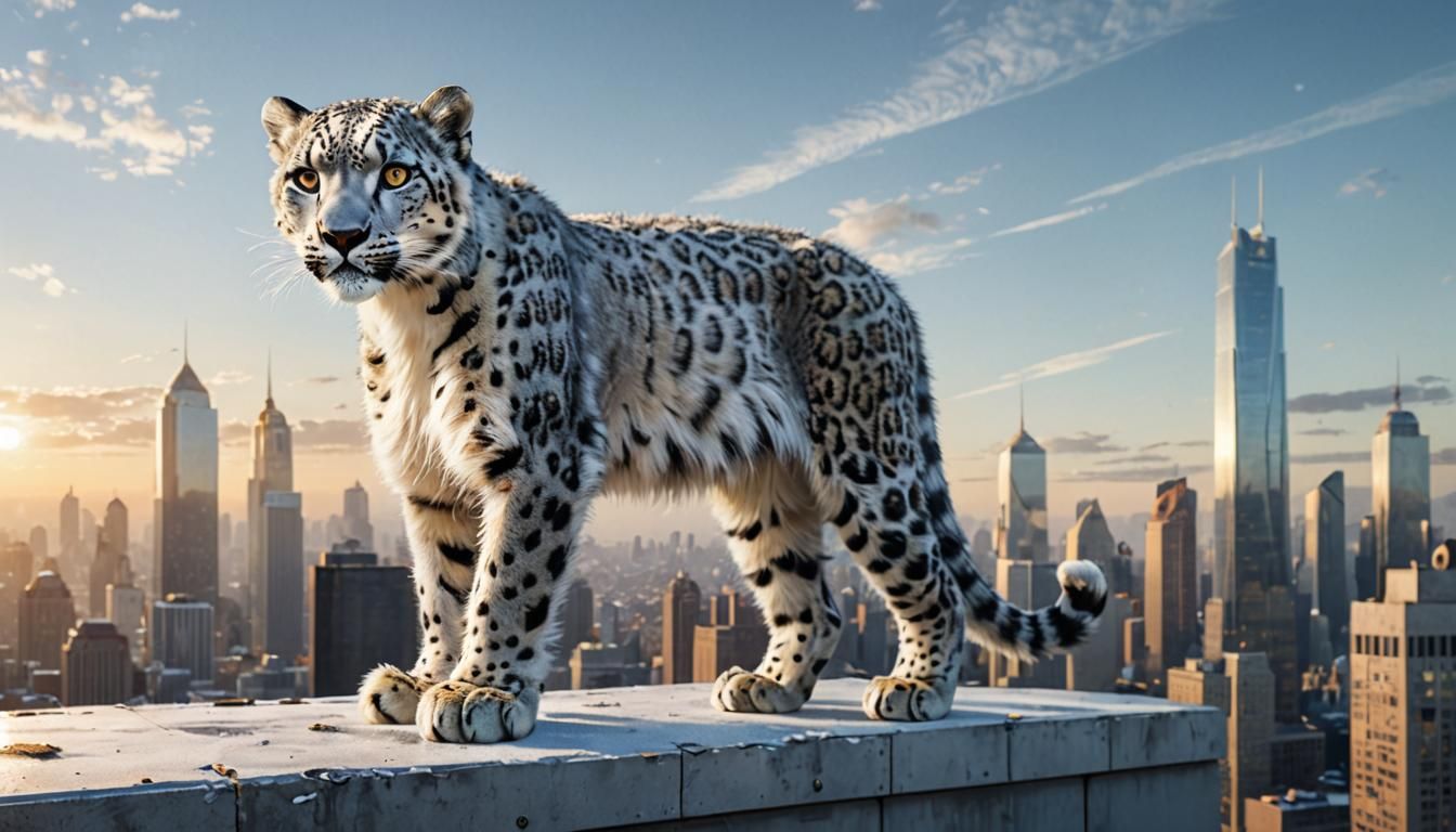 Robotic-Eyed Snow Leopard on City Rooftop