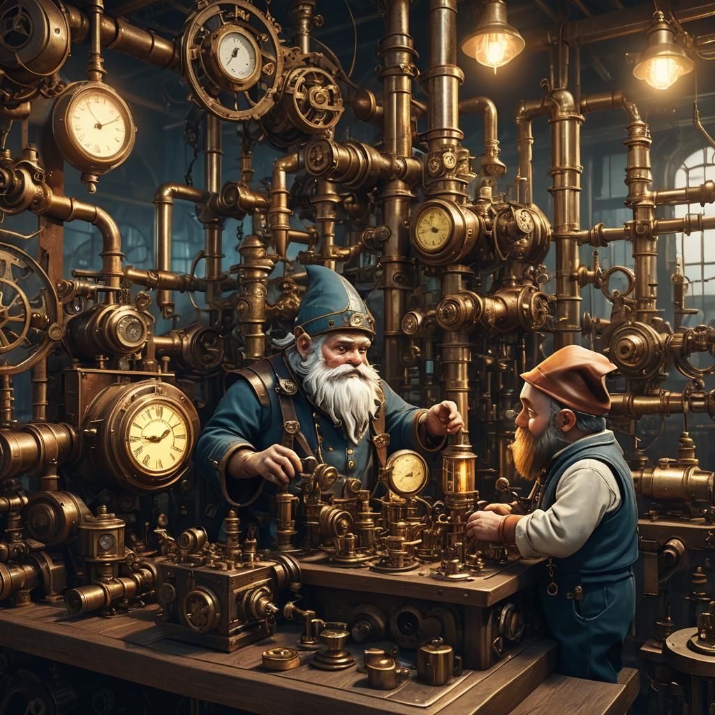 Gnome Inventor in Steampunk Laboratory, Fantasy Art