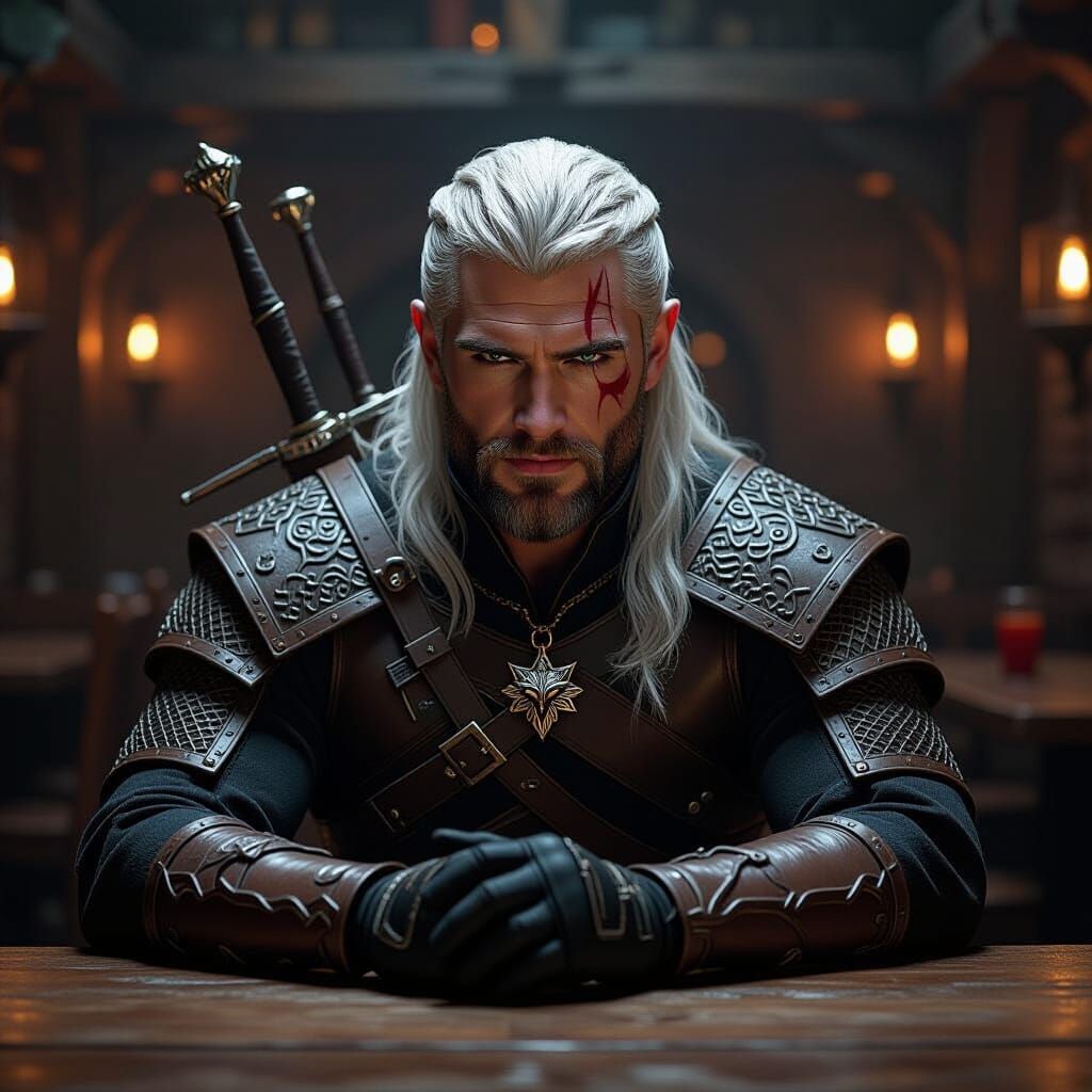 Geralt of Rivia in a Dimly Lit Pub