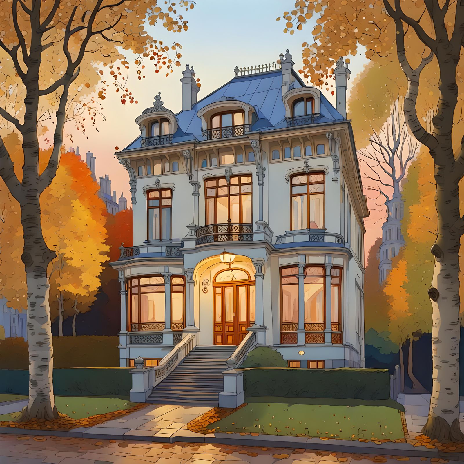 Art Nouveau Villa in Brussels at Dusk