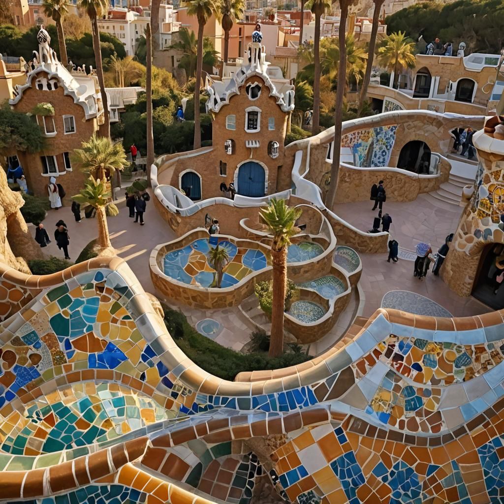 Park Güell Sunset Panorama with Gaudí Architecture