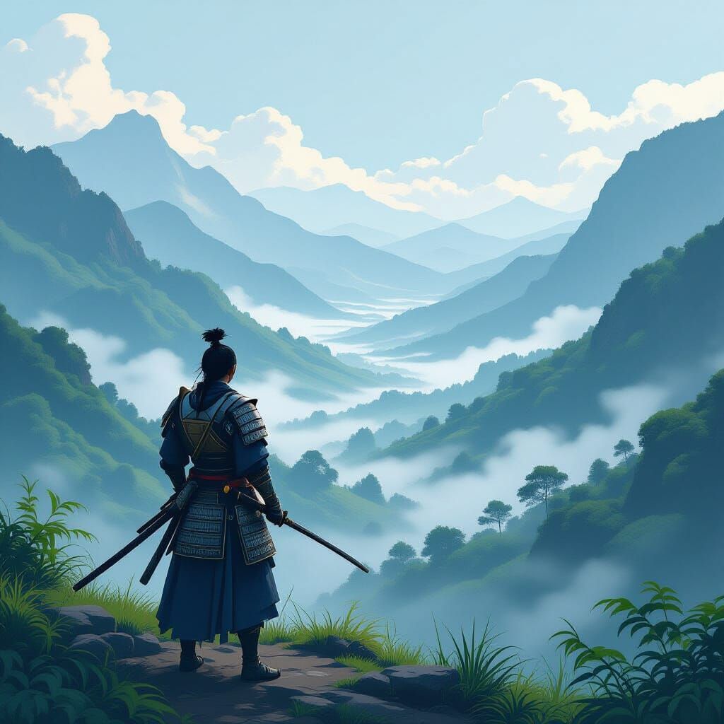 Samurai Observes Misty Valley Inspired by Ash Thorp