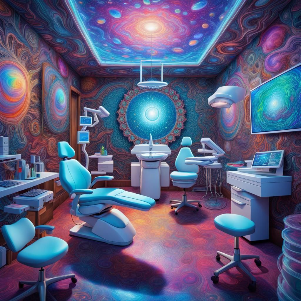 detailed psychedelics dentist office, 8k resolution holographic astral cosmic illustration mixed media by Pablo Amaring...
