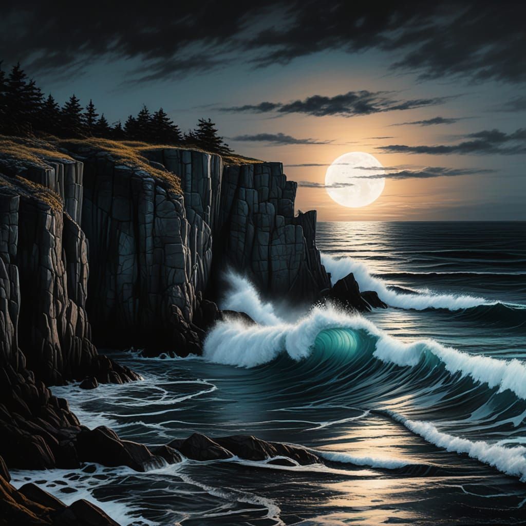Moonlit Seascape Hyperrealism Masterpiece in Charcoal and Oi...
