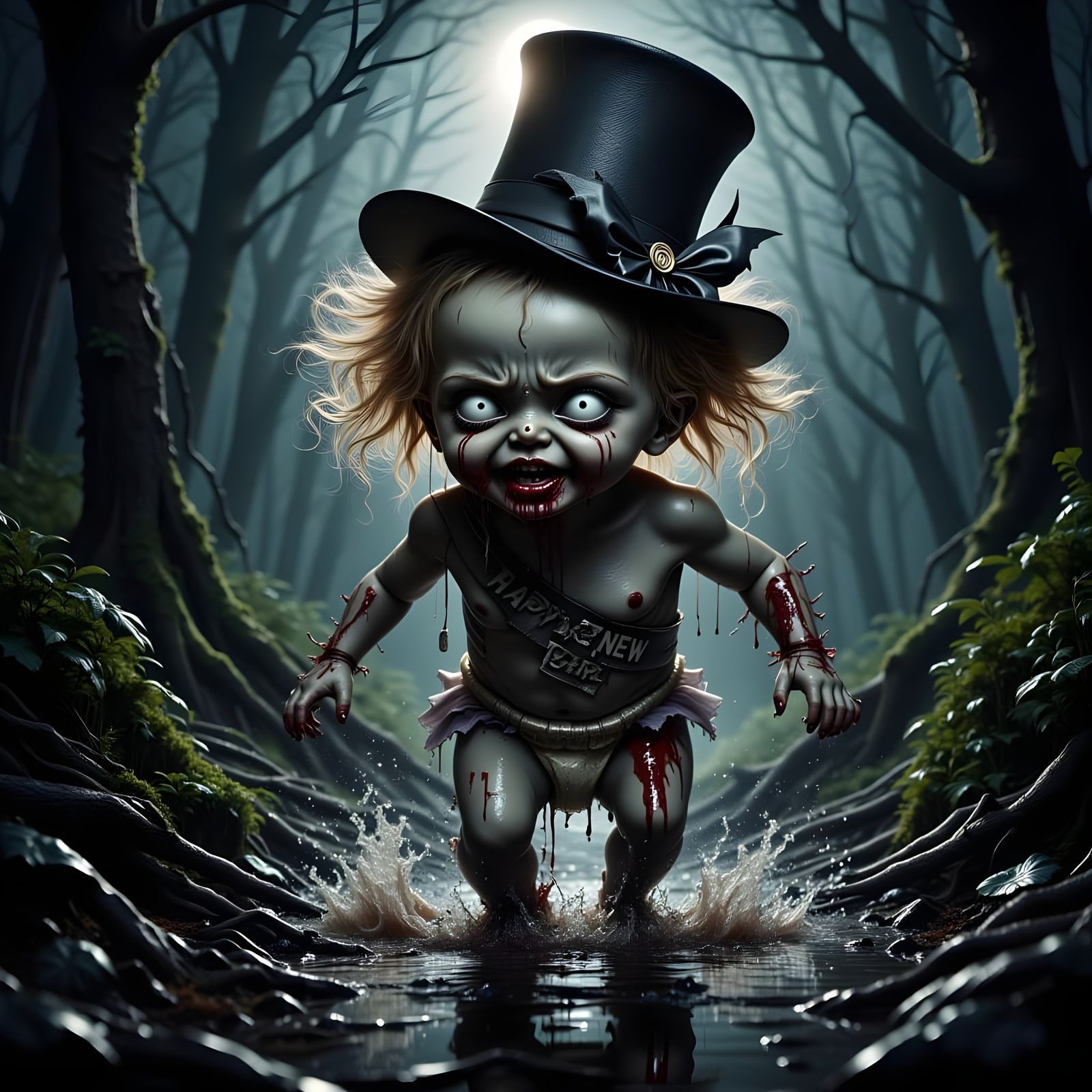 Hyperrealistic Zombie Runs Through Woods Under Full Moon