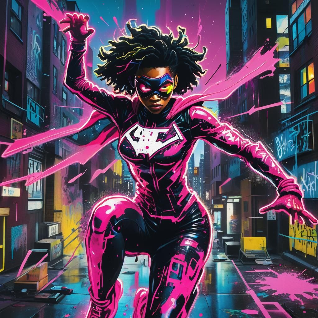 Superhero in Basquiat-Inspired Neon Cityscape
