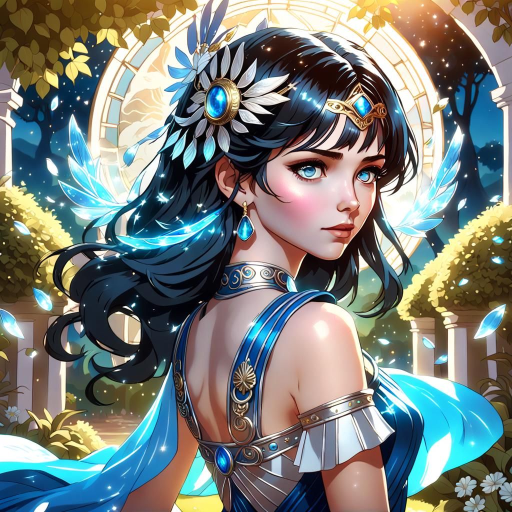 Greek Goddess wearing blue dress