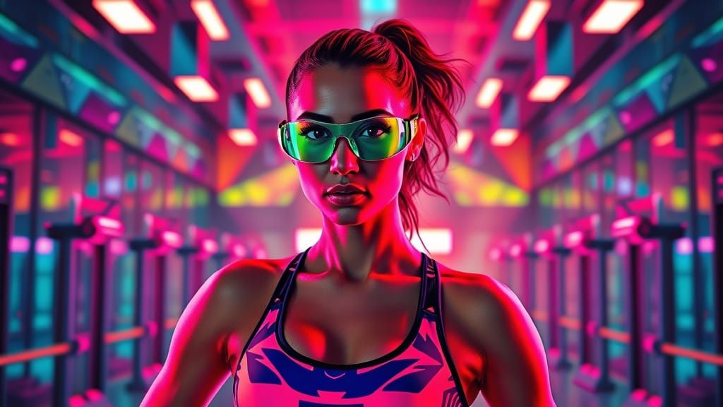 Vibrant Aerobic Trainer in Futuristic Bauhaus Studio