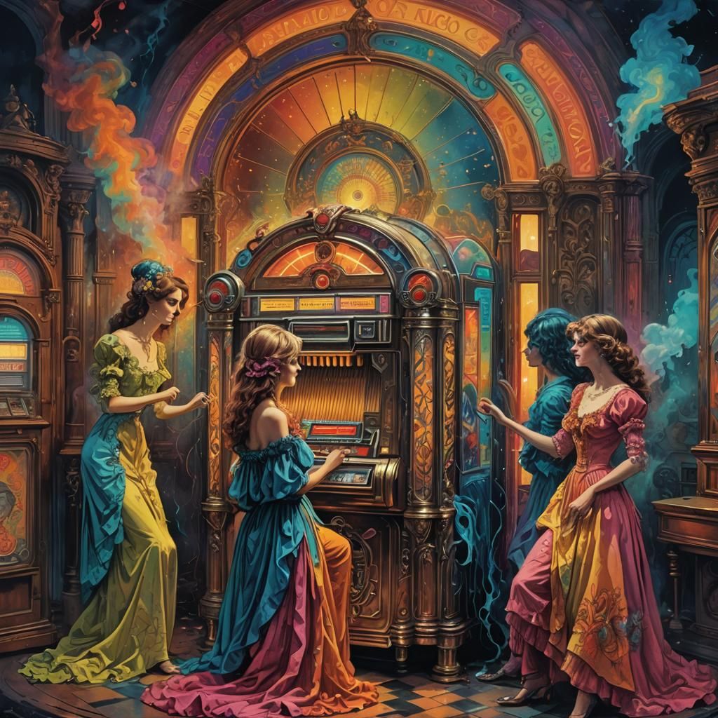 Psychedelic Women Listening to Jukebox in Pop Art