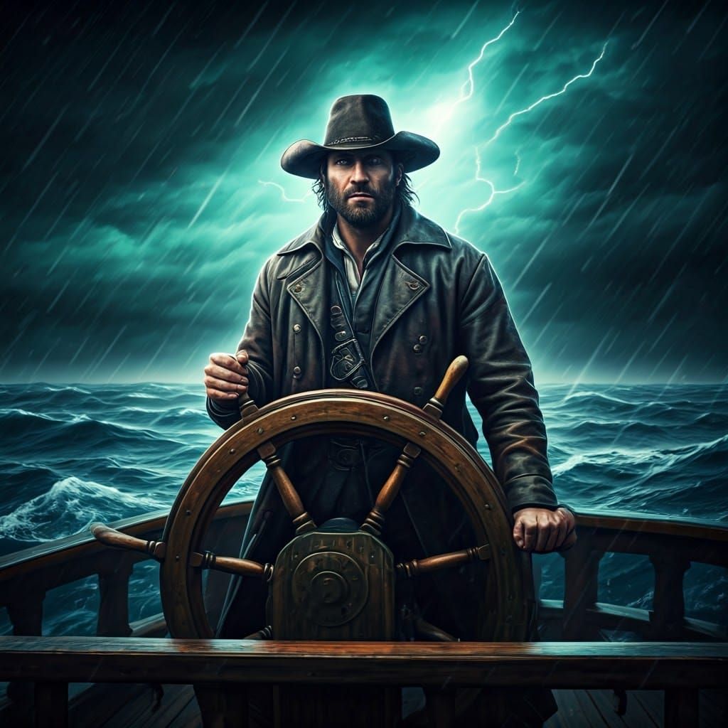 Sailor Steers Ship Through Stormy Sea in Fantasy Art