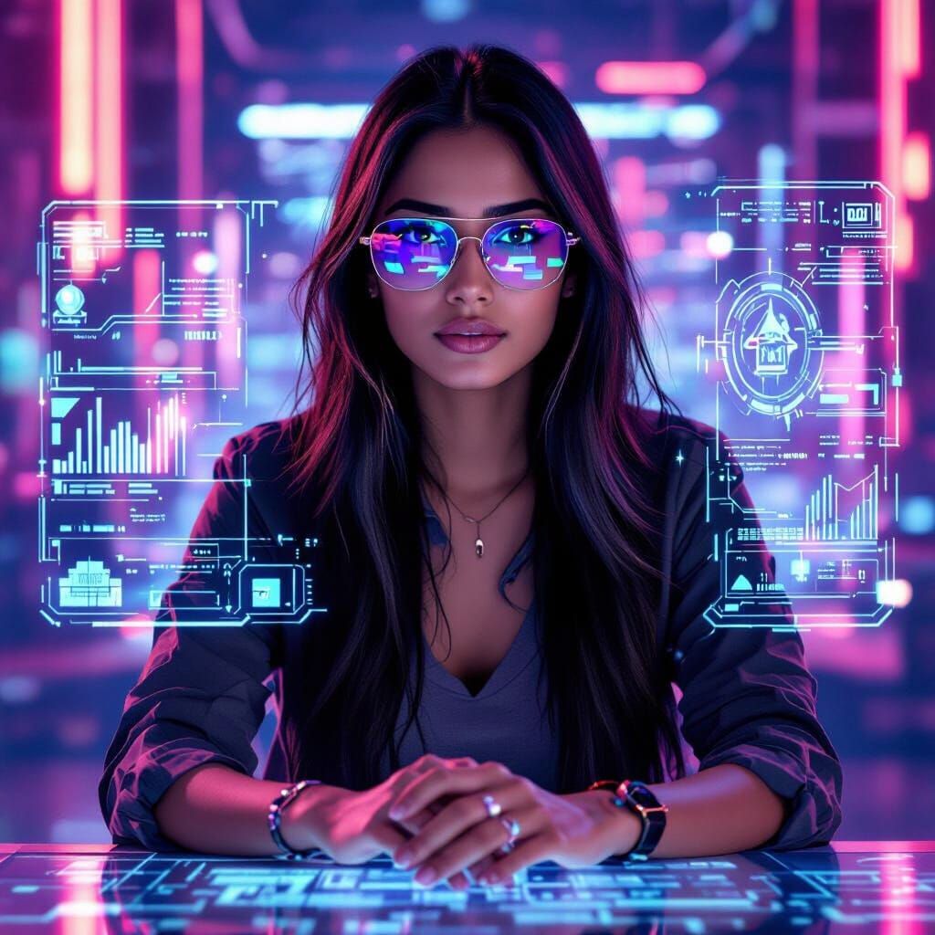 Cyberpunk Indian Woman in Front of AI Interface