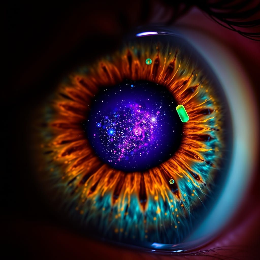 Neon Mitochondrion in Eye Pupil, Ultra-Realistic