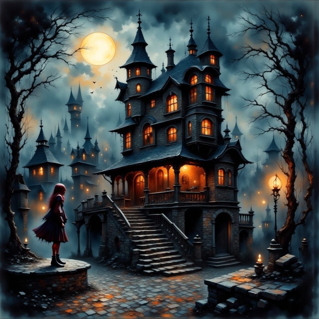 Gothic Castle with Red-Tipped Waif in Moonlight