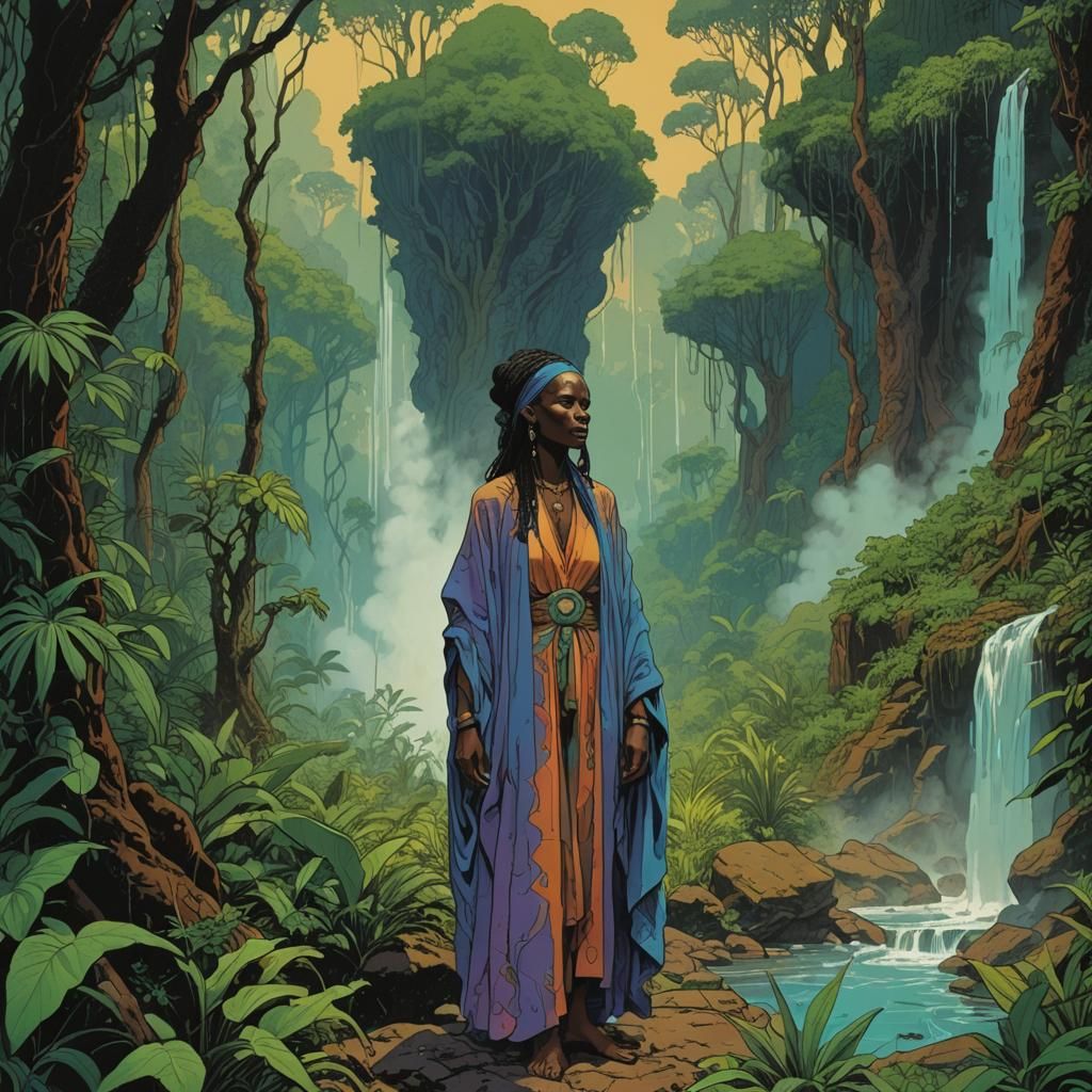 Steamy Jungle Shaman in Ligne Claire Style