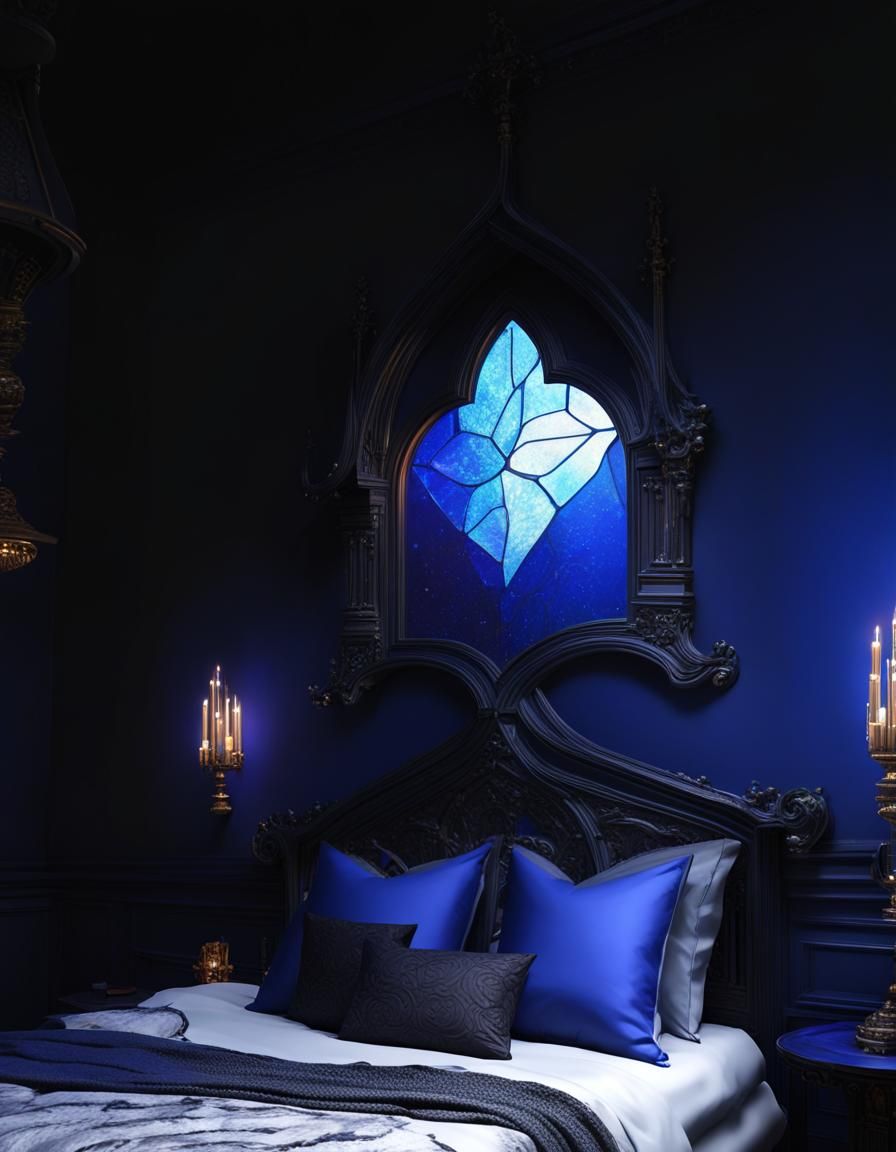 Beautiful gothic bedroom with cobalt blue walls and black gothic bed& realistic vibes& gothic architecture vibes& beauti...