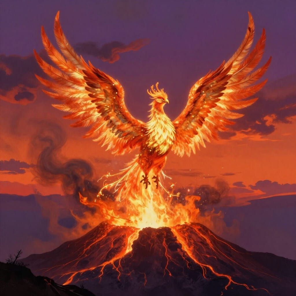 Majestic Phoenix Erupts from Volcano at Twilight