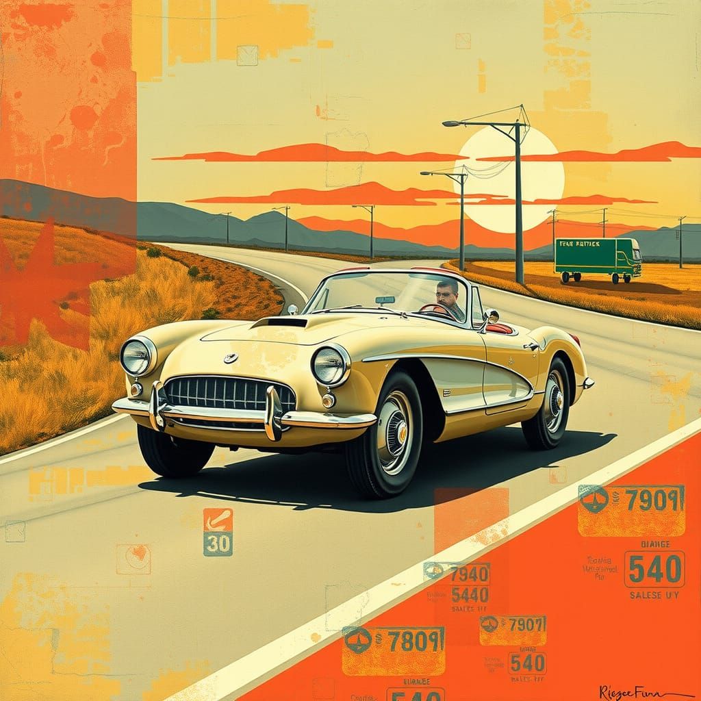 Abstract Collage: 1950s Sports Car on Open Road