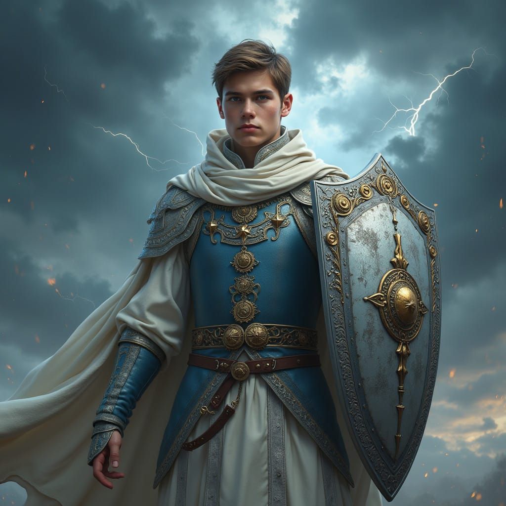 Steampunk inspired young cleric man wearing  long white shin...