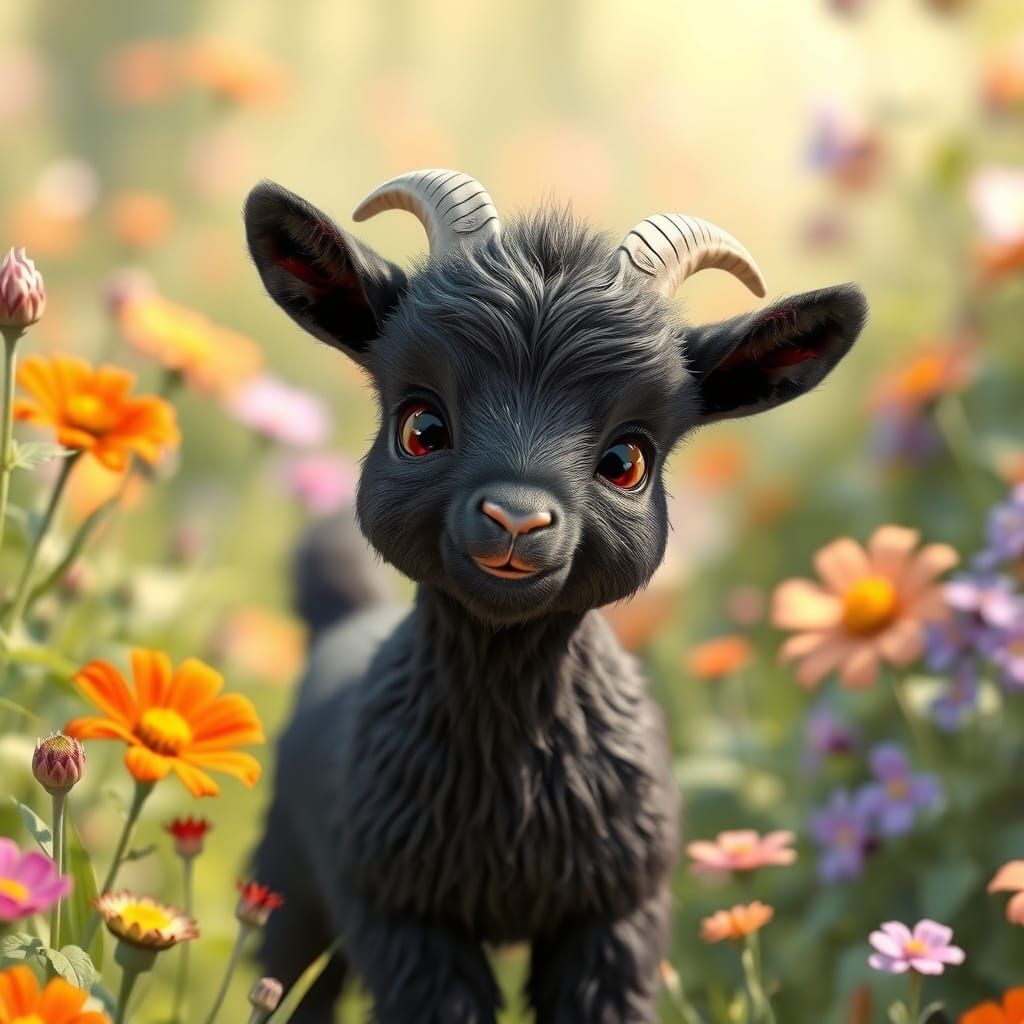 Whimsical Small Black Goat in Lush Landscape
