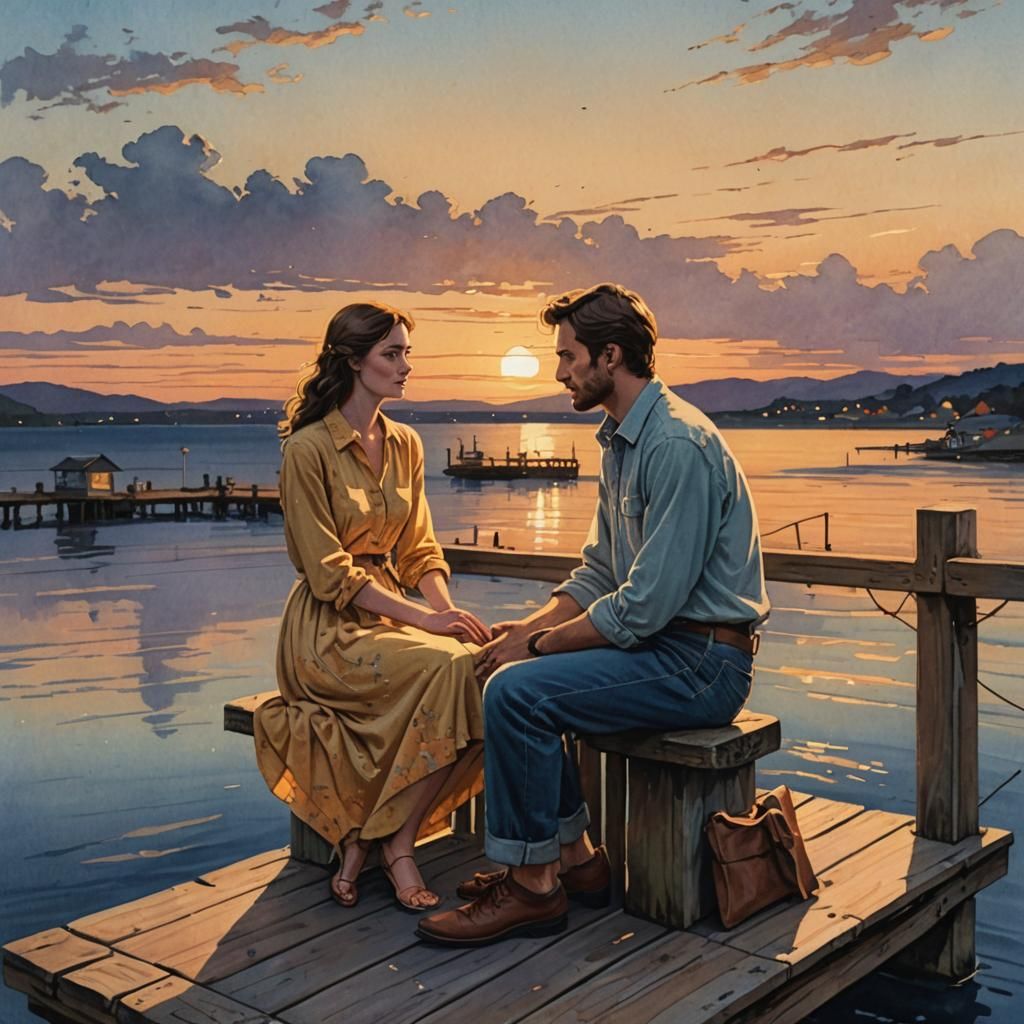 Couple on Pier at Dusk Illustration