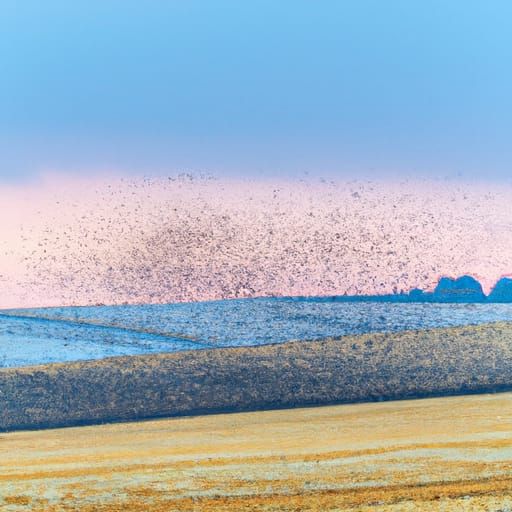 Starling Murmuration Over Winter Field in Pastel