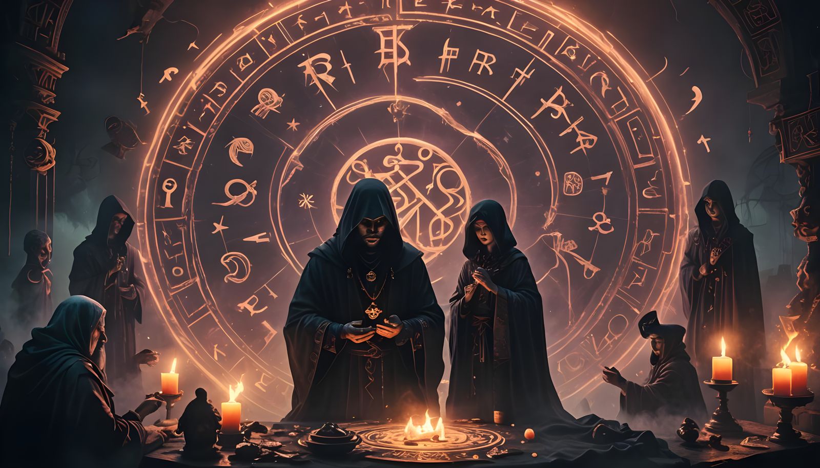 Mystical Letter R with Zodiac Symbols and Spirits